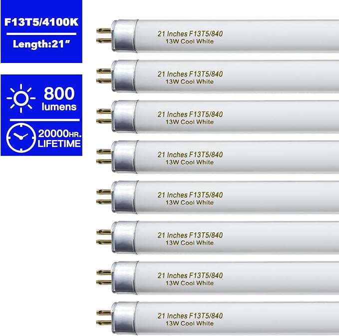 8 Pack 21 Inch T5 Fluorescent Light Bulb 13 Watt F13T5/CW Compatible for Sylvania Satco Philips GE Under Cabinet Tube Light Cool White 800 Lumen G5 Base 8 Count