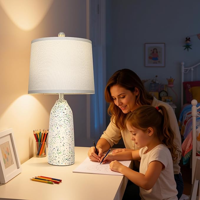 22.5" Faux Stone Table Lamps Set of 2, Farmhouse Lamps for Bedroom with Linen Shade, Rotary Switch Bedside Lamps with 3-Way Dimmable Bulb for Living Room Nightstand Home Decor(Bulb Included)