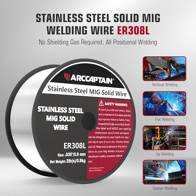 ARCCAPTAIN Stainless Steel MIG Solid Wire ER308L, .035-Diameter 2-Pound Stainless Steel Wire with Low Splatter Compatible With Lincoln Miller Forney Harbor MIG Welder