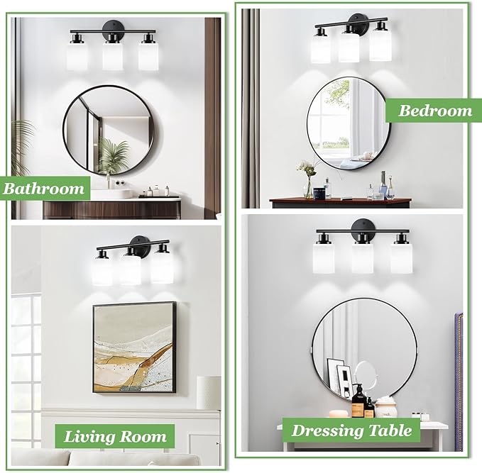 3-Light Black Bathroom Light Fixture with with Milky White Frosted Glass Shade, Matte Black Vantiy Lights for Bathoom Bedroom Living Room - E26 Base