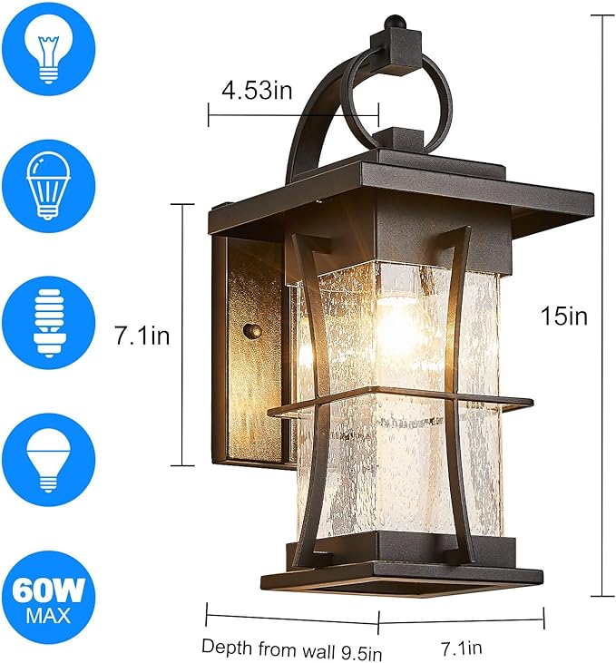 Outdoor Wall Sconces Light Fixtures Exterior Wall Lantern Outside House Lamps Waterproof Black Metal with Clear Seeded Glass, Perfect for Exterior Porch Patio House