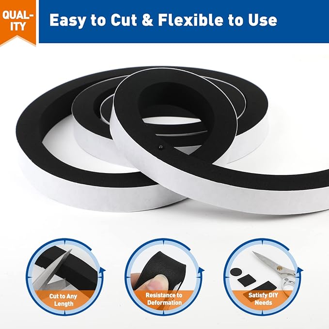 MAGZO Weather Stripping Door Seal, 1 Inch Wide X 3/4 Inch Thick Adhesive Foam Tape Soundproof Weatherstripping for Windows, 2 Rolls Total 13FT Black