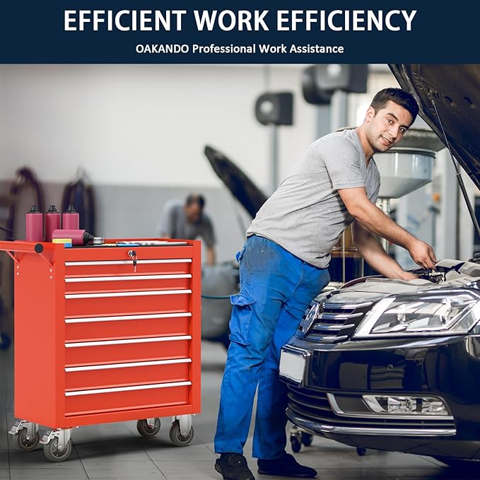 7-Drawer Metal Rolling Tool Chest with Wheels,Tool Storage Cabinet with Locking System，Toolbox with Wheels for Garage,Workshop, Repair Shop(Red, 7-Drawer)
