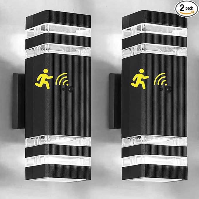 2 Pack Motion Sensor Dawn to Dusk Outdoor Light Fixture, Black Aluminum Exterior Lighting Fixtures with GU10 LED Bulbs, Up and Down Lights Outdoor Sconce Lights for Garage Porch Garden, ETL Listed