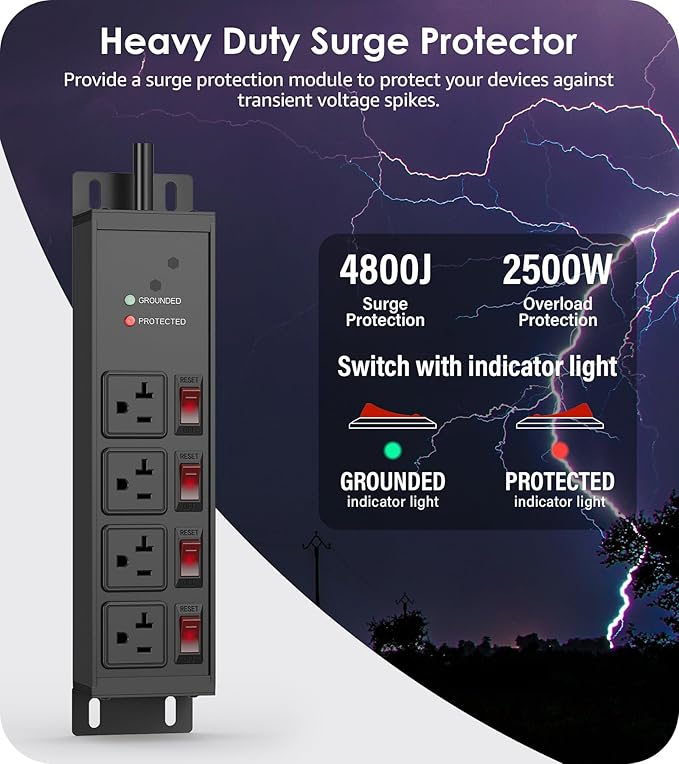 CCCEI Heavy Duty Surge Protector Power Strip 20 Amp Individual Switches. 6FT 12 Gauge Extension Cord with Multiple Outlets. Kitchen, Garage, Shop, Industrial Wall Mount Electric Extender, Black.