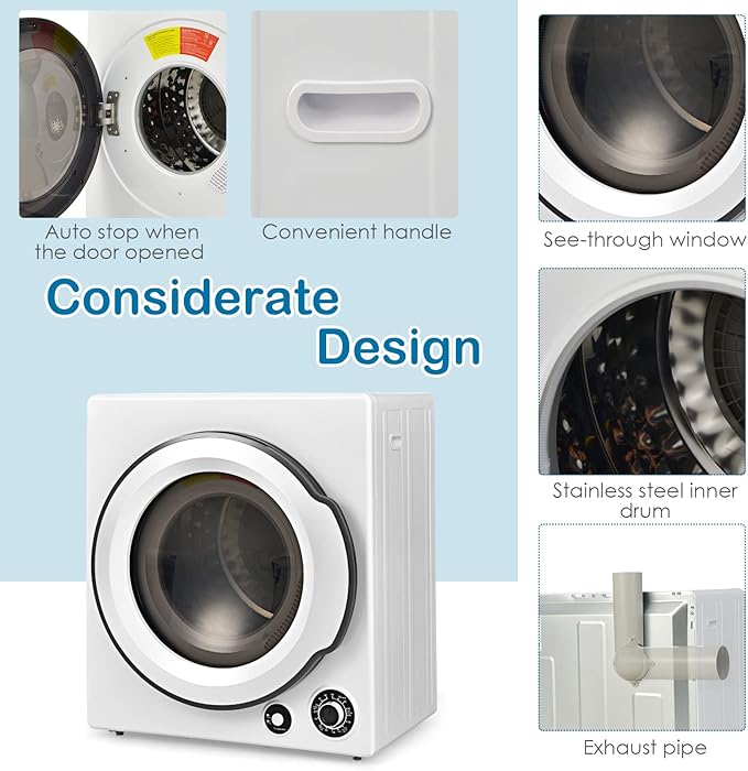 LDAILY Laundry Dryer, Electric Clothes Dryer with Timer, 2 Heating Options, 4 Drying Modes & Cold Air Care Function, Compact Dryer with Stainless Tub, Multi-layer Filtration for Home 1350W, White