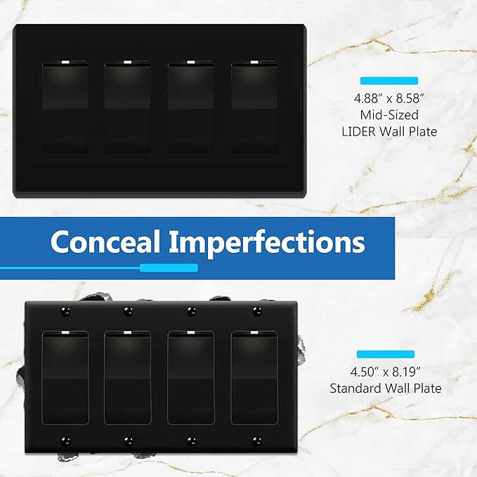 LIDER Matte Finish Quadruple Decorator Switch Cover, Screwless Wall Plate, Mid-Size 4-Gang 4.88" x 8.58", Polycarbonate Thermoplastic, UL Listed, LSWP-34M-BK2P, Black, 2 Pack