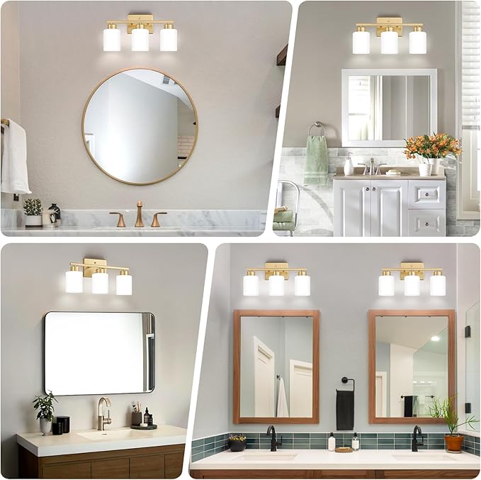 Gold Bathroom Light Fixtures, 3-Light Modern Vanity Light Over Mirror, Wall Sconces with Milky White Frosted Glass Shades, E26 Socket (Bulbs Not Included)