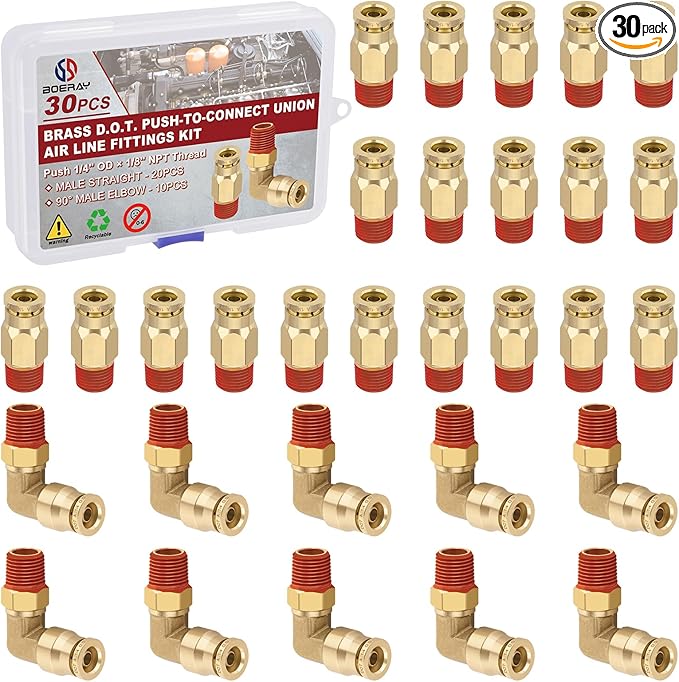 1/4” Quick Push to Connect Fittings Brass Male Straight and Elbow Combination DOT Approved 1/4" Tube OD x 1/8" NPT Thread Air Brake Line Adapter Air Suspension Kit Air Hose Repair Kit 30pcs