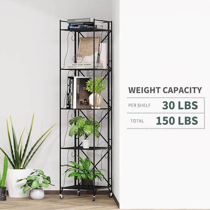 5-Tier Foldable Metal Wire Storage Shelf – No Assembly Required | 71" Tall x 16"x 16"| Space-Saving Organizer for Room, Black