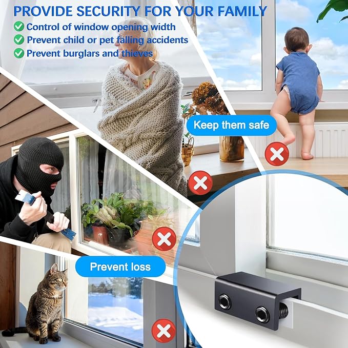 Window Locks Black, 4 Sets Sliding Security Window Lock with Key for Vertical & Horizontal Sliding Windows & Sliding Doors, Adjustable Window Locks Security Window Stoppers for Patio Bedroom Home