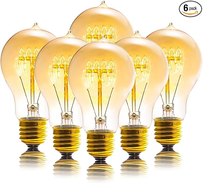 Edison Bulb, A19 Bulbs 6 Pack, Retro Style Incandescent Light Bulbs,Dimmable 120V 40W Antique Vintage Light Bulb, 240 Lmens E26 Base, Amber 2200K Warm White Light, for Home Office Desk Lamp