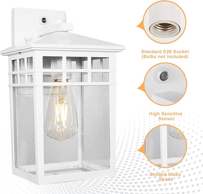 Dusk to Dawn Outdoor Light Fixture Wall Mount, Rustic Exterior Lights Fixture Wall Sconces with Seeded Glass for Front Porch, Waterproof Outdoor Wall Lantern in White Finish for Home,DDRZ009-W WH