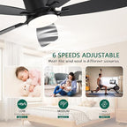52inch Ceiling Fans with Lights, Low Profile Ceiling Fan with Light and Remote Control/APP Control, Flush Mount, Reversible DC Motor, Dimmable, Noiseless, Black Ceiling Fan for Bedroom