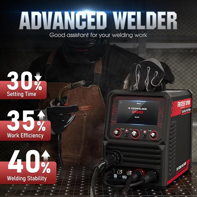 YESWELDER Firstess DP200 Dual Pulse,7-Inch LCD Screen 120/240V Dual Voltage MIG Welder,MIG/Pulsed MIG/Flux Core/Spool Gun MIG/Lift TIG/Stick Multiprocess Welding Machine