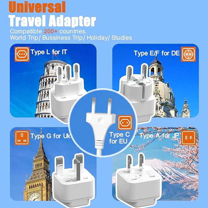 European Travel Plug Adapter, WRXDMC Universal Power Adapter for EU UK DE JP,6 AC Outlets, 4 USB Ports with 5ft Extension Cord, International Power Strip, Compact for Travel, Cruise Ship Must Have