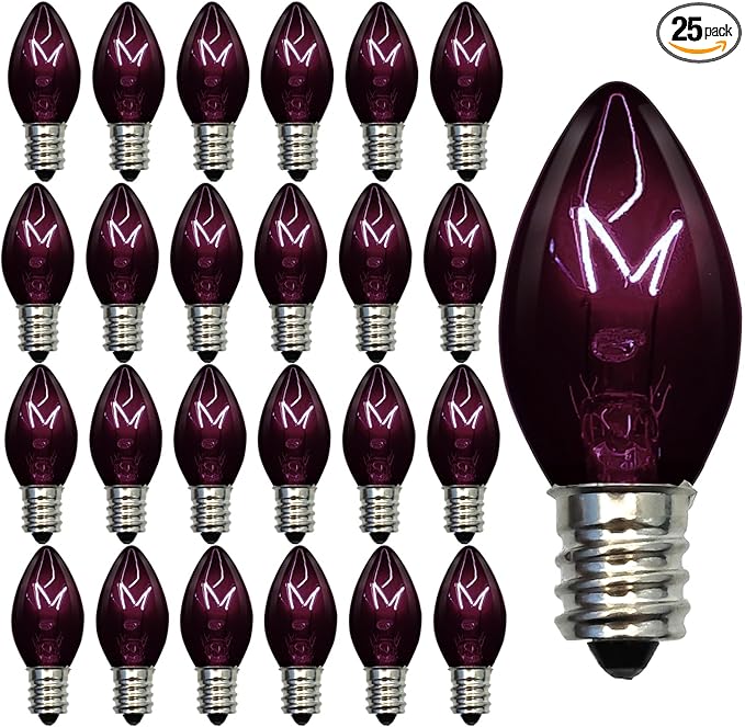 25 Pack C7 Halloween Black Replacement Bulbs, 5W Dark Purple Light Bulbs Perfect for Indoor/Outdoor Halloween, Christmas and Party String Lights C7/E12 Candelabra Base