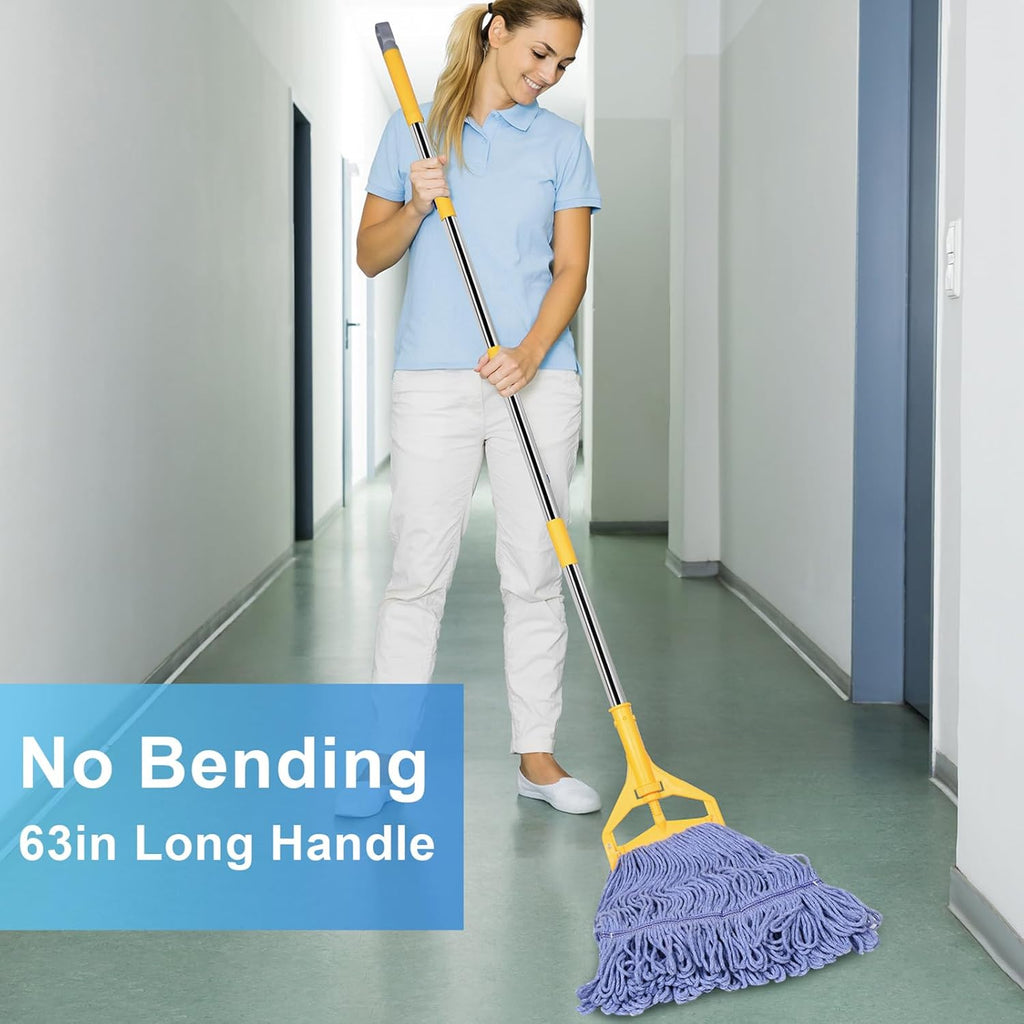 Commercial Mop with Extra Head Replacement, 63Inch Handle Heavy Duty Industrial Mop Looped-End String Wet Mops for Floor Cleaning for Warehouse, Workshop, Garage, Office, Home (2 Mops Head)