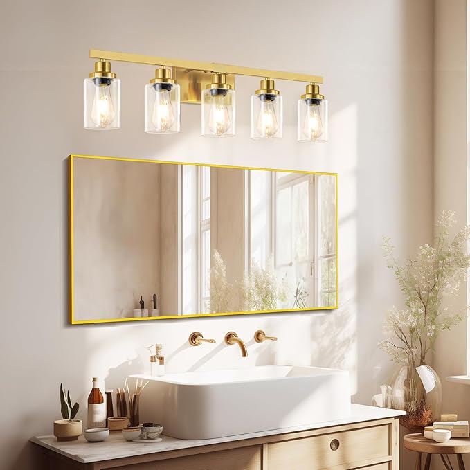 5 Light Gold Bathroom Vanity Light, Bathroom Light Fixtures, 31" Modern Brushed Gold Vanity Lighting Fixtures for Bathroom Over Mirror, Gold Sconces Wall Lighting for Bedroom
