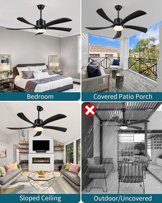 60 Inch Ceiling Fans with Lights Remote, Black Ceiling Fan Light Outdoor Indoor, USA Original Patent, ETL Listed, Timer, 5 Solid Wood Blades, 6 Speed Noiseless DC Motor Fans for Patios, 60in Black