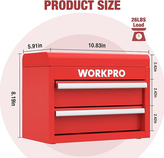 WORKPRO Mini Metal Tool Box with 2 Drawers and Top Storage, Small Tool Chest with PVC Liners and PP Feet Pads, Cold Rolled Steel Toolbox with Magnetic Tab