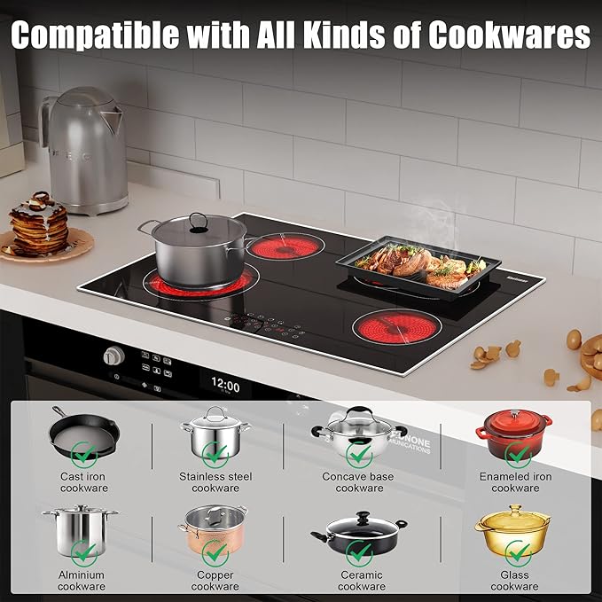 Karinear 30 Inch Electric Cooktop 4 Burners, Built-in Electric Stove top with Glass Protection Metal Frame, Expandable Burners, Multi-function Ceramic Cooktop, 220-240v Hard Wire, No Plug