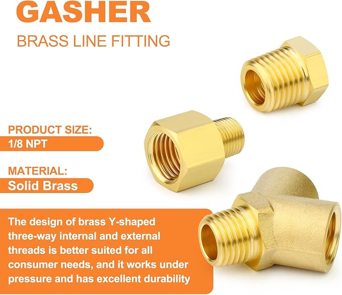 GASHER 2PCS Brass Pipe Fitting Male Branch Tee Y Adapter 1/8" NPT Female x 1/8" NPT Female x 1/8" NPT Male