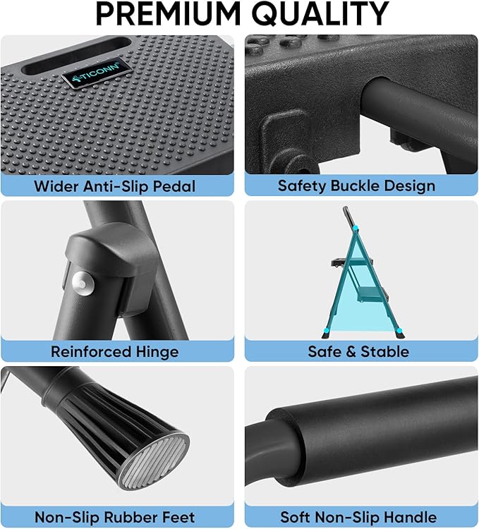 TICONN 2 Step Ladder, Heavy Duty Foldable Step Stool, Portable Steel Folding Stool for Household Garage Storage (Black)