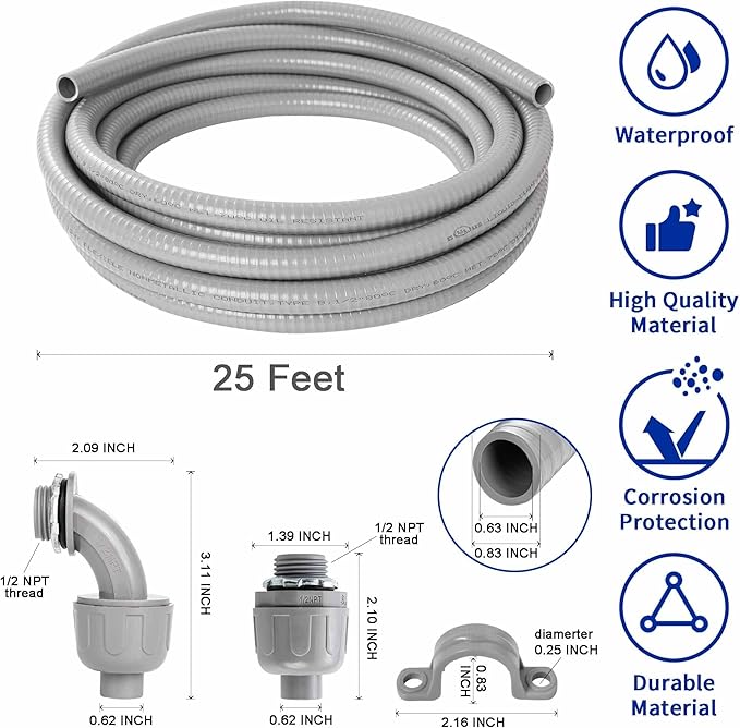 (1/2" Dia * 25 Feet) Yariwiz Flexible Electrical Conduit Liquid Tight PVC Conduit Kit with 3 PCS Coupling, 3 PCS Elbow and 7 PCS Strap, Sealtight Seal Flex Liquidtight Wire Outdoor Non Metallic Grey