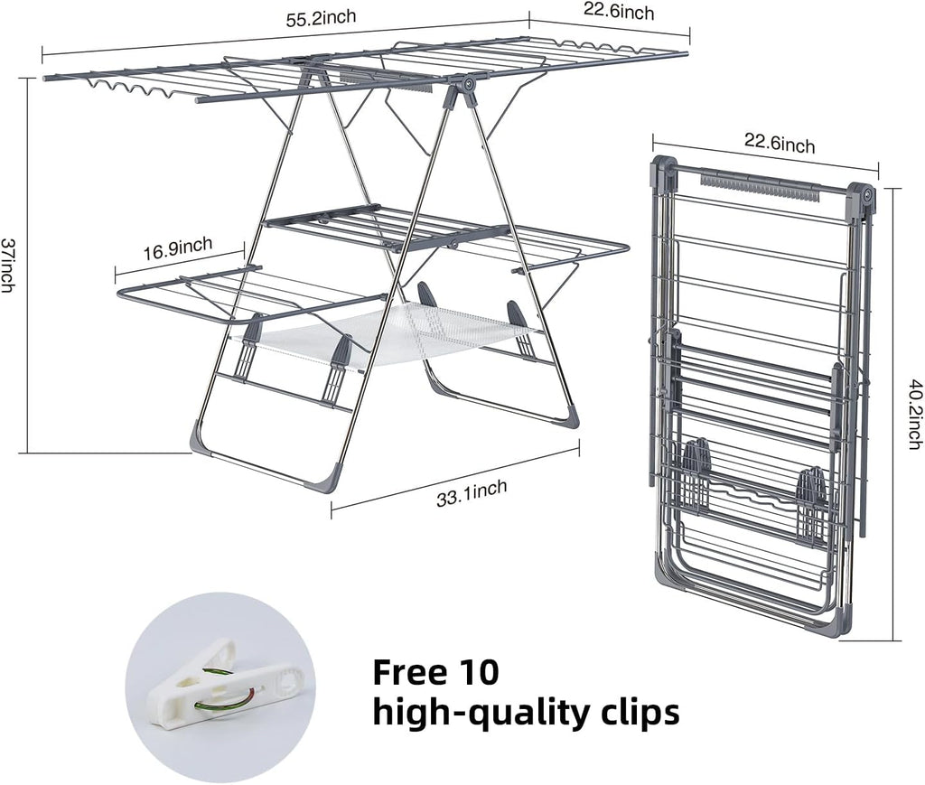 Clothes Drying Rack, Foldable 2-Level Laundry Racks for Drying Clothes Rack,Stainless Steel Drying Rack Clothing Collapsible for Indoor Outdoor,with Height-Adjustable Wings,33 Drying Rails,Gray