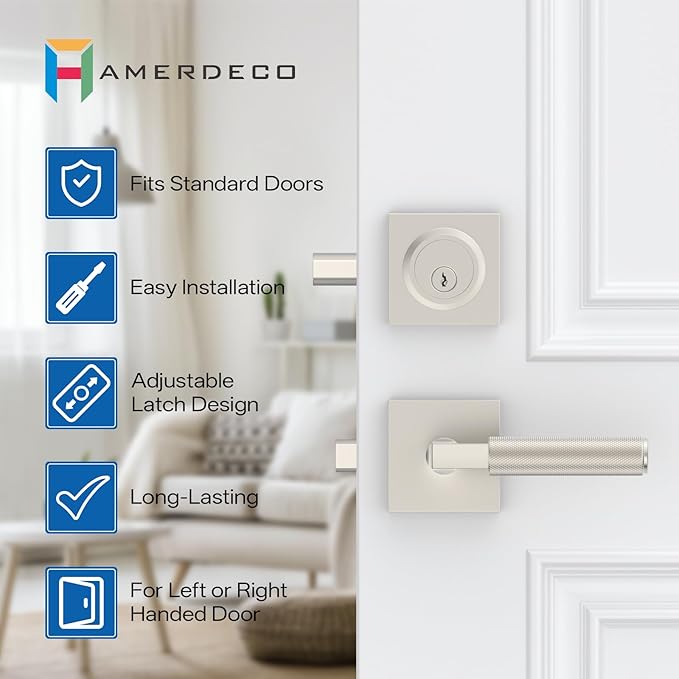 Amerdeco Front Door Lock Set with Double Cylinder Deadbolt, Exterior Entry Door Lever, Heavy Duty Entry Door Locksets for Left or Right Hand Exterior Door（Brushed Satin Nickel 1 Pack）