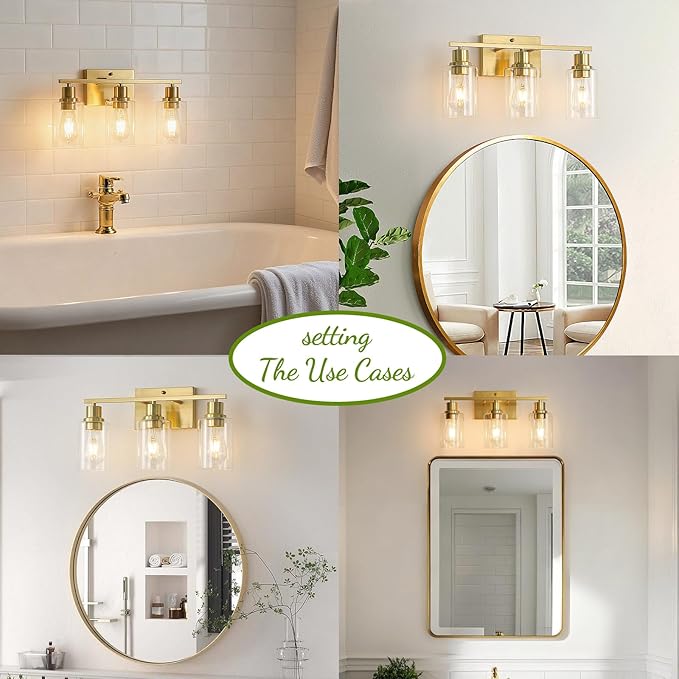 EMONG Gold Bathroom Light Fixtures, 3-Lights Vanity Light with Clear Glass Shade, Brushed Brass Wall Sconce for Hallway, Farmhouse, Living Room