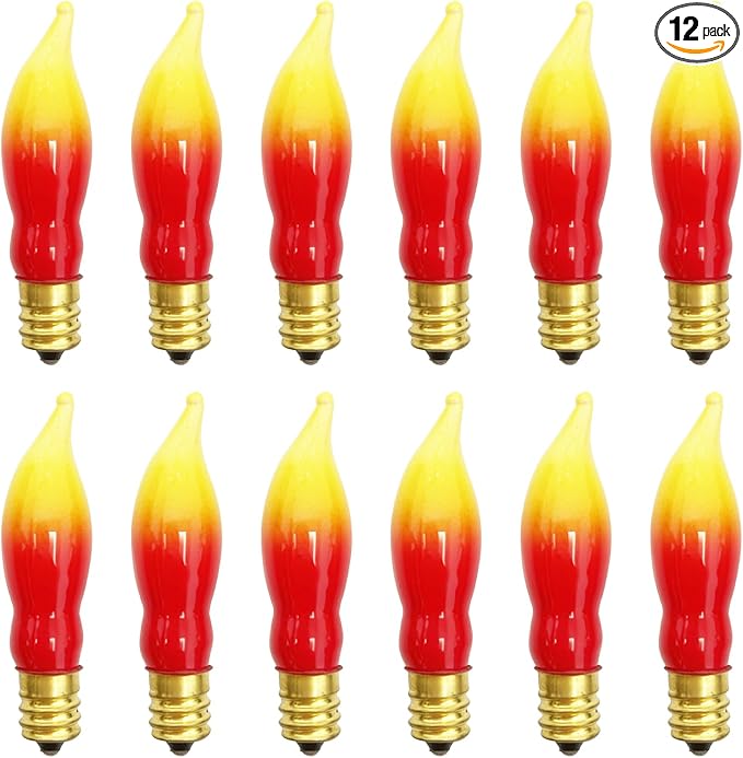 Abeja 12 Pack Flame Lights Bulb, Red &Yellow Flame Shaped Bulb for Candle Lamps, Outdoor C18 String Light, C7/E12 Candelabra Base Night Light Bulbs, 7 Watt, 120 Volt- Red/Yellow