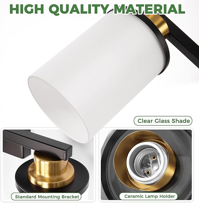 DORESshop 17 Inch Bathroom Light Fixtures, 3-Light Black and Gold Bathroom Lighting Fixtures Over Mirror with Milk Glass Shade, Vanity Lights for Living Room Bedroom