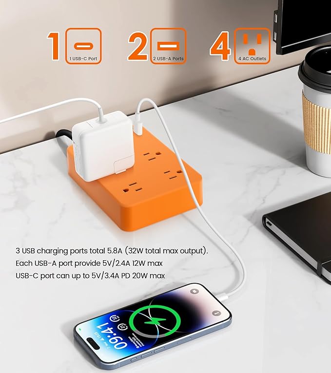 Outdoor Power Strip Weatherproof,Fast Charging Station 20W USB C,Waterproof Surge Protector 4 Outlets, Multi Outlet Extension for Camping, Garden, Kitchen,Bathroom,Flat Plug (Orange, 10 FT Cable)