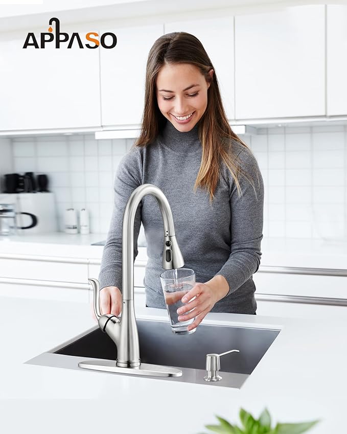 APPASO Patented Kitchen Faucet with Pull Down Sprayer and Soap Dispenser - Single Handle Stainless Steel Brushed Nickel High Arc Pull Out Kitchen Sink Faucets with Deck Plate