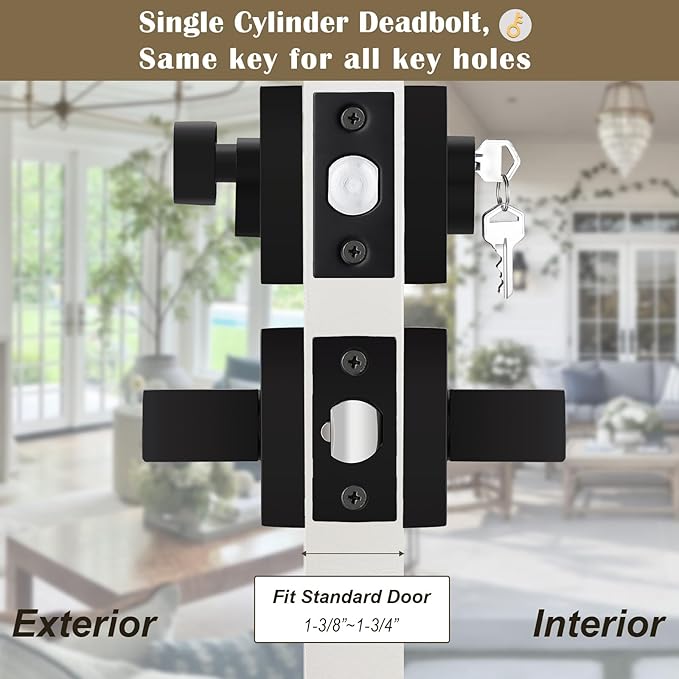 2 Pack Keyed Entry Door Lock with Deadbolt Set, Reversible Passage Lever and Keyed Alike Single Cylinder Deadbolt, Matte Black Square Handleset for Bedroom, Front Door