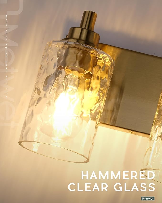 5-Light Bathroom Light Fixtures, 30 Inch Brushed Gold Vanity Lights with Clear Hammered Glass Cylinder Shade, Modern Vanity Lighting Fixture Over Mirror, VL198-BG-5