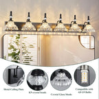 Vintage Bathroom Vanity Light, 6-Light Black Vanity Lighting Fixture with Flower Glass Shade, Bathroom Lighting Fixtures Over Mirror