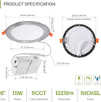 ASD 6 Pack LED Recessed Lighting 6 Inch 15W, 5 CCT 2700K-5000K CRI90+, IC Rated Ultra Thin Dimmable Ceiling Lights with J Box, Canless Wafer Downlight, Round Slim Panel Light, UL Energy Star, Nickel