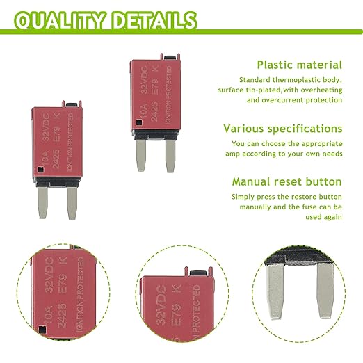 10A DC 12V-32V Manual Reset Circuit Breaker ATM Low Profile T1 Mini Blade Fuses Breakers for Car Trucks Marine Boat RV Solar and More,2 Pack