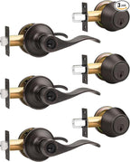 Gobrico 3 Pack Wave Entry Door Levers and Single Cylinder Deadbolt Front Combination Lockset, Oil Rubbed Bronze Keyed Alike Exterior Door Handles with Lock and Deadbolt in Same Key