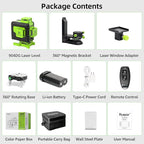 Huepar Laser Level 360 Self Leveling, 16 Lines High Accuracy ±1/9" Green Laser Level with Remote Control, 4x360 Cross Line Tiling Floor Laser Tool, 4D for Construction 904DG