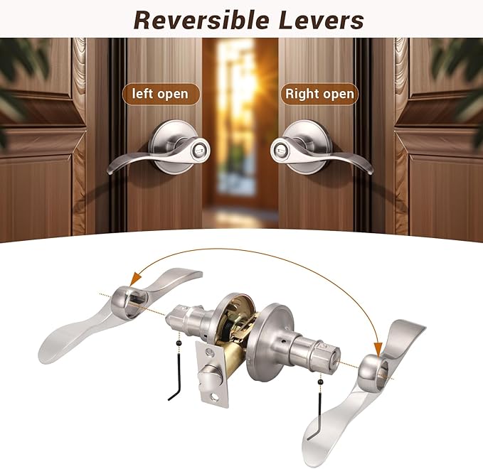 Knobonly 10 Pack Satin Nickel Privacy Door Levers Interior Door Handles for Bedroom and Bathroom Door Knobs Keyless Privacy Door Handles with Lock, Zinc Alloy Reversible for Right/Left