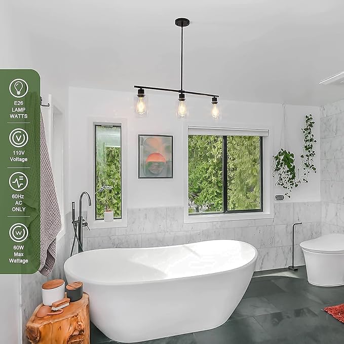 Black Kitchen Island Lighting 3-Light Modern Pendant Light Fixture with Glass Shades Rustic Farmhouse Chandelier Hanging Light Fixtures for Kitchen Island Living Dining Room Bedroom Foyer