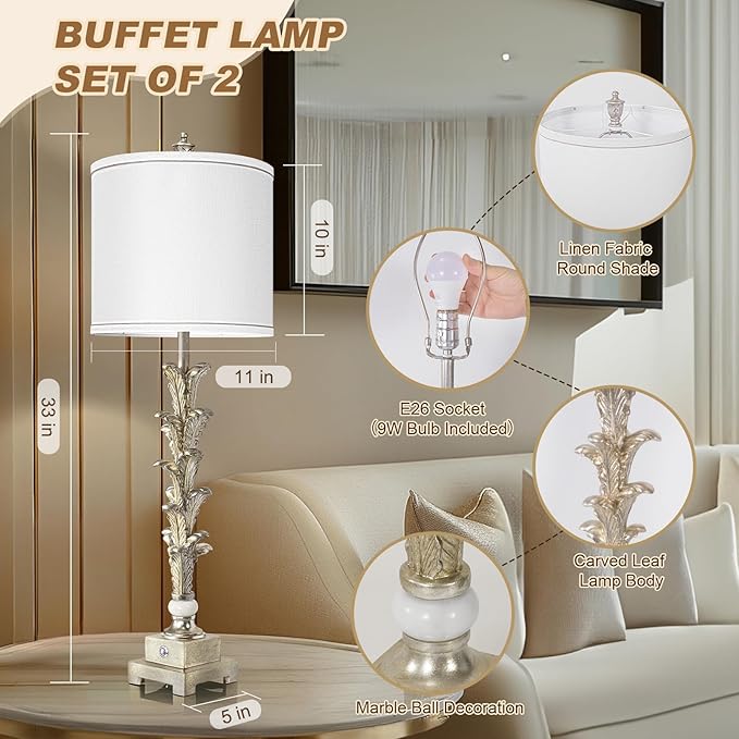 33'' Touch Control Table Lamp Set of 2, 3-Way Dimmable Buffet Lamps with USB A+C Ports and White Shade, Silver Leaf Finish Nightstand Lamps for Living Room Bedroom Office Study Dinning (Bulb Included)