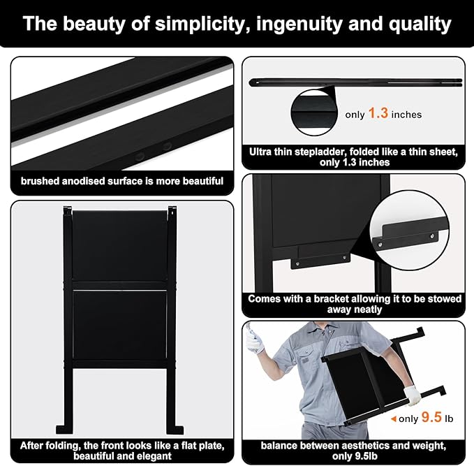 2 Step Ladder,Aluminum Ultra Thin Folding 2 Step Stool,400 Lbs Capacity Heavy Duty with Anti-Slip Sturdy and Wide Tread,Closet Slim Step for Home,Kitchen and Office,Space Saving (Black, 2-Step)