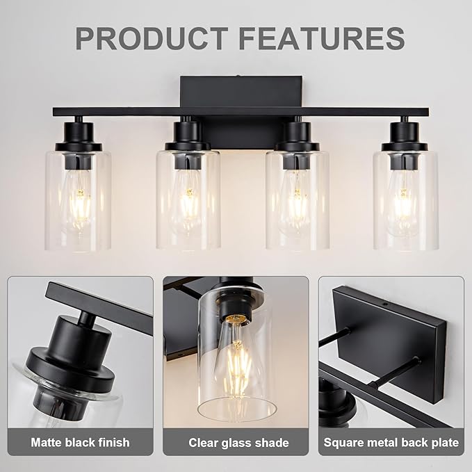 4 Light Black Bathroom Vanity Light Fixture Over Mirror Modern Farmhouse Wall Lighting Sconces Industrial Wall Lamp for Bathroom Bedroom Living Room E26 Socket with Glass Shade