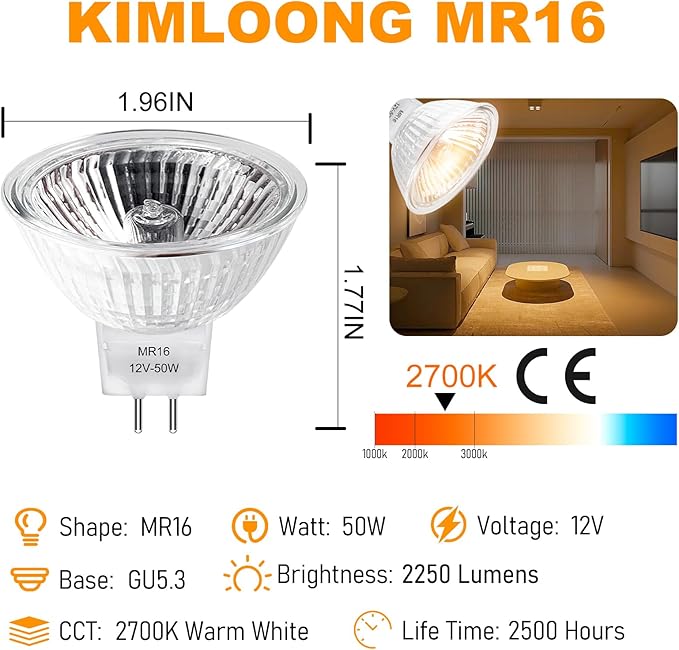 MR16 Halogen Bulbs 2 Pin, 12V 50W 6 Packs Halogen Light Bulbs Gu5.3 Base Dimmable with Clear Glass Cover, 2700K Warm White for Landscape Lights, Track Lights, Fiber Optics, Desk Lamps
