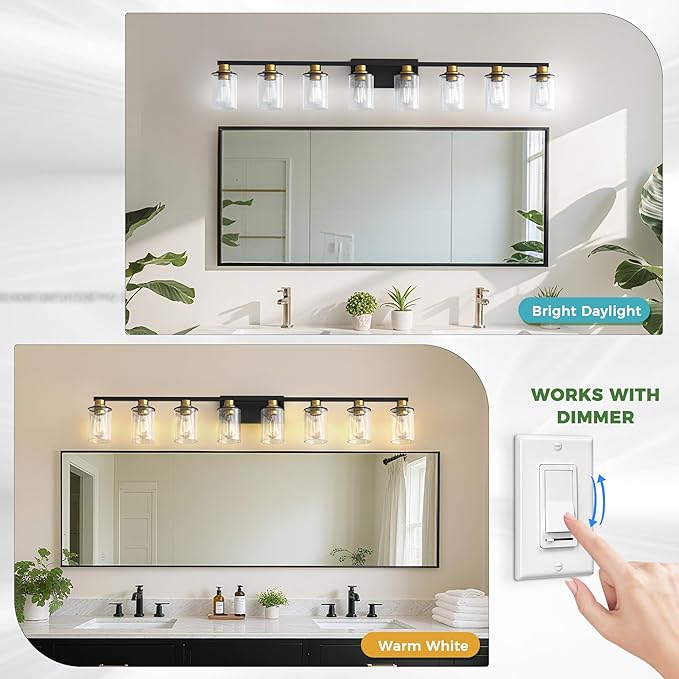 DORESshop 55 Inch Bathroom Light Fixtures, 8-Light Black and Gold Bathroom Lighting Fixtures Over Mirror with Glass Shade, Modern Vanity Lights for Hallway Bedroom